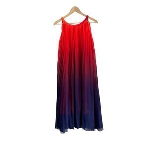 Chic Me Swing Trapeze Dress Ombré Pleated‎ Midi Red Blue Wedding Guest Vacation